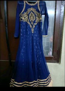 Elegant Blue Ethnic Gown with Gold Embroidery