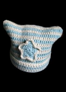 Crocheted Blue & White Cat Beanie With Star Detail