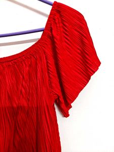 Red Pleated Off-Shoulder Top
