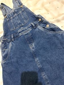WomenDenim Dungaree Dress with Frayed Hem