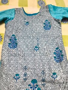 Elegant Blue Embroidered Kurti with Cutwork Hem