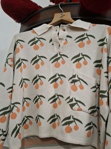 Orange Print Knit Polo Sweater