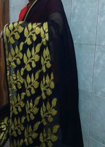 Black Chiffon Saree With golden Leaf Work