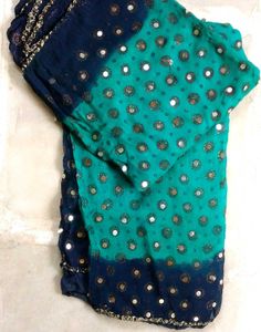 Teal &amp; Navy Mirror Embroidered Dupatta