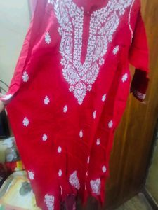 Red Cotton Chikan Kurti