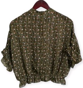 Olive Green Patterned Ruffle Sleeve Blouse
