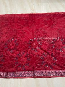 Red Colour Netted Designer Saree Without Blouse