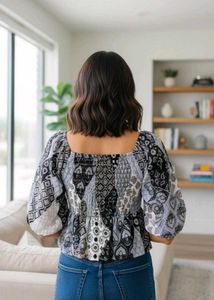 Black, White and Grey patterned puff-sleeve top