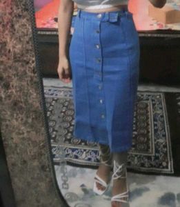 Denim Slit Midi Skirt With Silver Buttons
