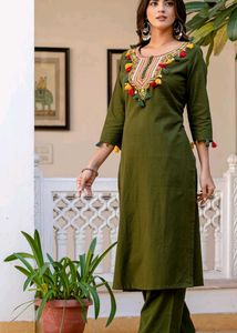 Olive Green Embroidered Kurta Set