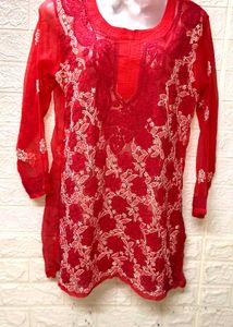 Hand Chikankari Tamato Red Top/ Short Kurta