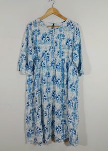 Here&Now White and Blue Printed Round Neck With Bu