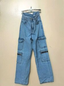 Light Blue High Rise Straight Leg Cargos Jeans
