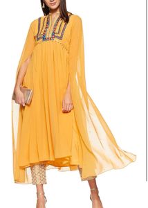 Mustard Embroidered Cape Dress