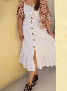 Eyelet Button-Front Midi Dress
