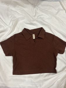 Brown Ribbed Crop Polo Top