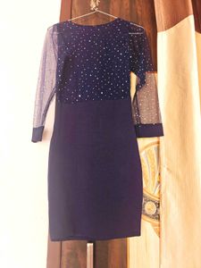 Elegant Navy Dress with Sheer Sleeves