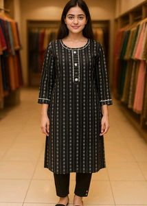 Black &amp; White Striped Kurti Set