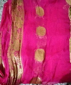 Pink &amp; Gold Sari with Golden Blouse Piece