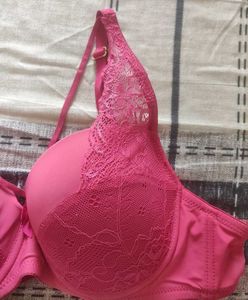 Wired Padded Rani Pink Bra With Lace Detail