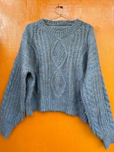Blue Cropped Sweater With Yellow Threads