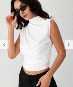 High Neck RuchedSleeveless White Crop Top