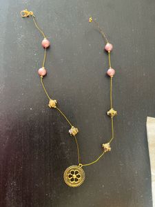 Pink Bead & Gold Tone Flower Pendant Necklace