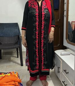 Red And Black Suit Set With Florat Pattern