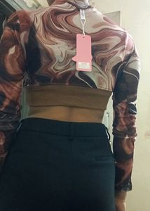 Full-Sleeves Printed Net Brown Crop Top