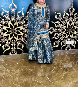 Elegant Blue & Gold Gharara Suit