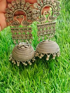 Afghani Style Oxidised  Silver Heavy Jhumka Earing
