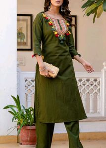Olive Green Embroidered Kurta Set
