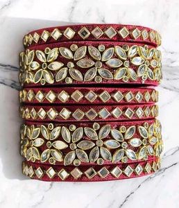 Maroon &amp; Gold Kundan Bangles (Set of 6)