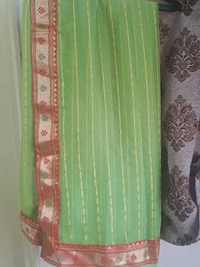 Green Chiffon Saree with Red stone blouse piece
