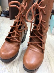 Brown Lace-Up Heel Boots