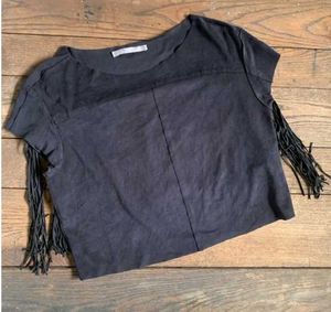 ZARA black faux suede fringe crop top