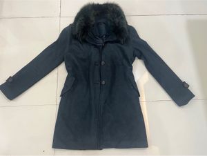 Furry Neck Teal Color Thigh Length Coat