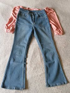 🎉 Combo Pink Top And Bootcut Blue Jeans