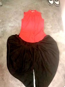 Coral Sleeveless Top And Black Dhoti  Combo