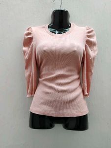 Pearl Puff Sleeve Ribbed Top