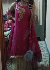 Pink Long Kurti + Golden Lehenga Skirt