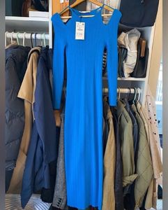 Zara Pointelle Blue Stretch Cold Shoulder Bodycon