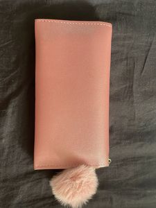 Chic Mauve Studded Wallet with Furry Pom-Pom
