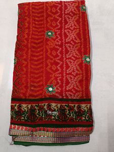 Saree Georgette With Thread Work And Gota Border. Rajasthani Print
