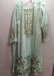 Mint Green Embroidered Straight Suit With Pant