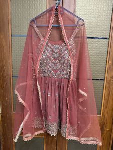 Dusty Pink Kurta With Sharara Pants And Net Dupata