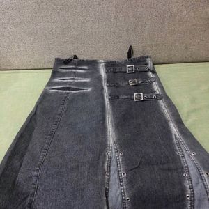 Distressed Denim Skirt with Buckles