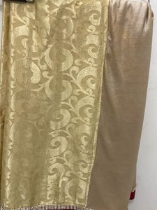 Golden With Maroon Strip Border Saree And Blouse