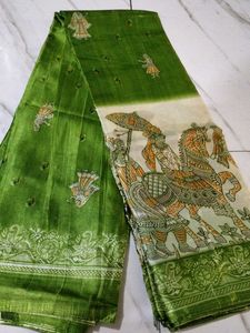 Vintage Style Green &amp; White Printed Silk Saree