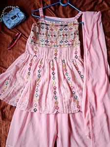 Pink Embroidered Peplum Palazzo Set